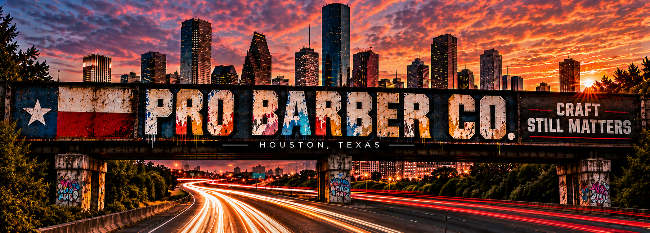 Houston at sunset behind the Pro Barber Co. bridge, with Houston, Texas and Craft Still Matters lettering.